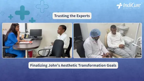 John, a USA patient, consulting with plastic surgeon Dr. Shraddha Deshpande (left) and dental surgeon Dr. Chirag (right) in India, finalizing his comprehensive Cosmetic Surgery and Dental Work treatment plan.